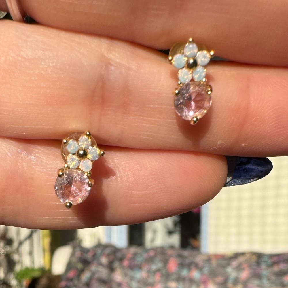 Elegant white opal flower with pink gemstone dainty earrings
